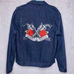 Guns and roses black denim jean jacket men’s size m upcycled distressed coat